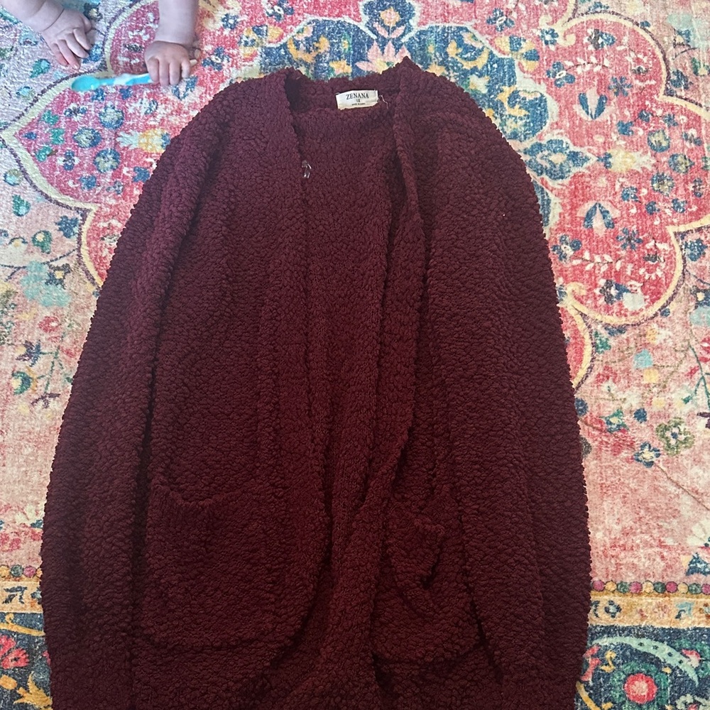 Zenana Burgundy Plush Open-Front Sherpa Cardigan